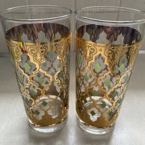 Vintage‎ CULVER VALENCIA 22k Gold Green Highball GLASSES  Set Of 2